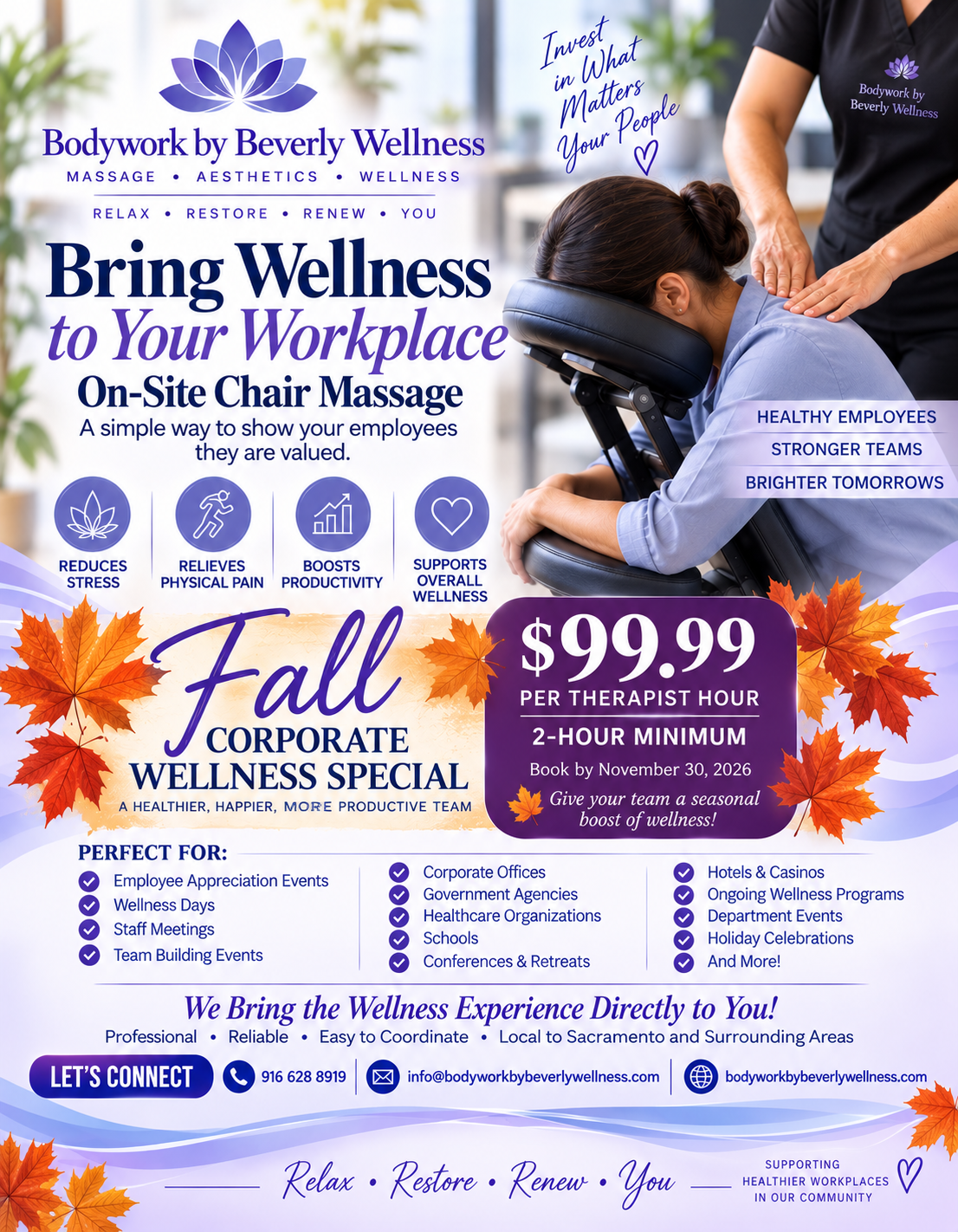 Fall corporate wellness special — on-site chair massage, $99.99 per therapist hour, two-hour minimum