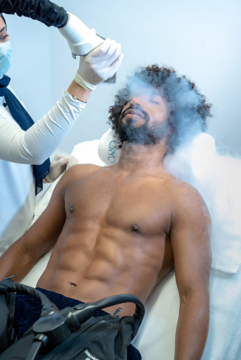 Gloved practitioner treating a reclining client's neck and chest with a cryotherapy applicator